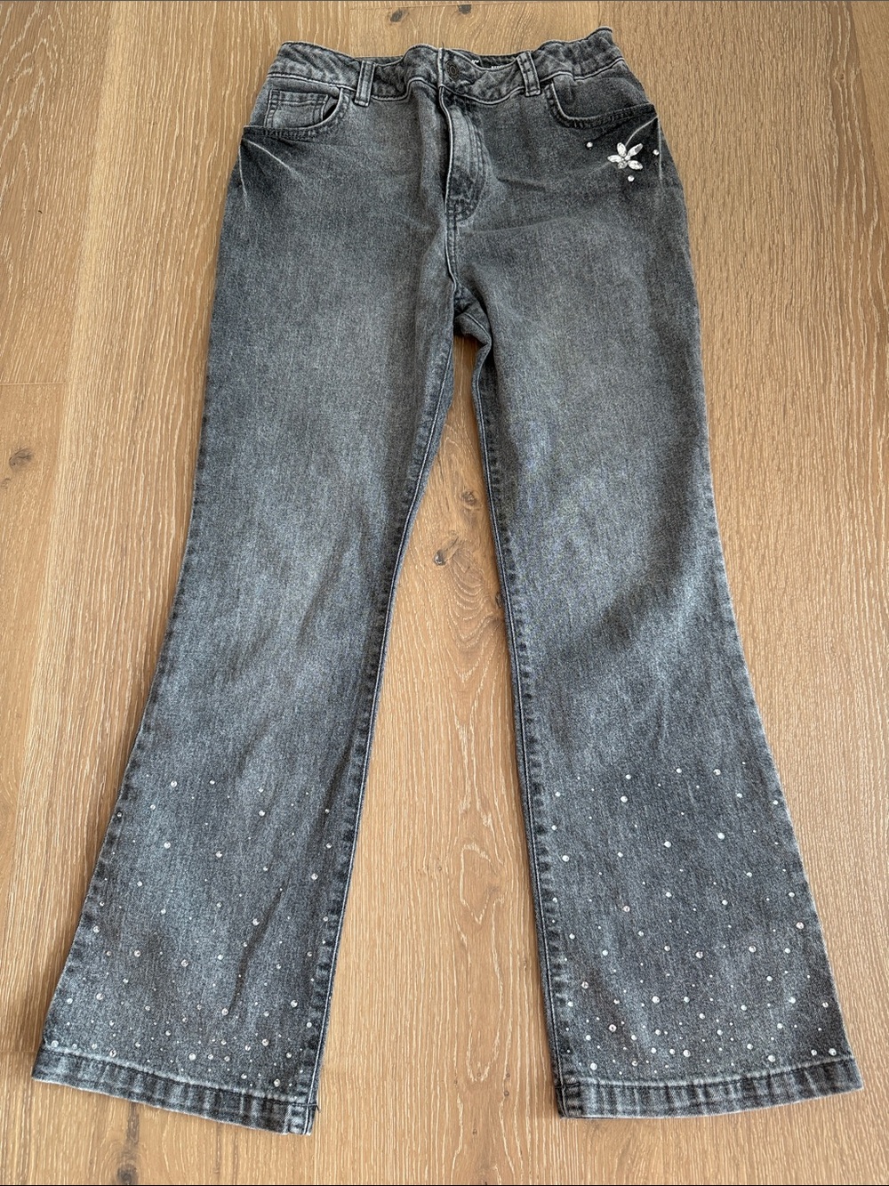 Cat & Jack Gray Washed Flare Jeans with Rhinestone Accents